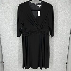 CJ Banks Faux Wrap Dress Size 1X Black Ruched Waist Half Sleeve Stretch Knit NEW